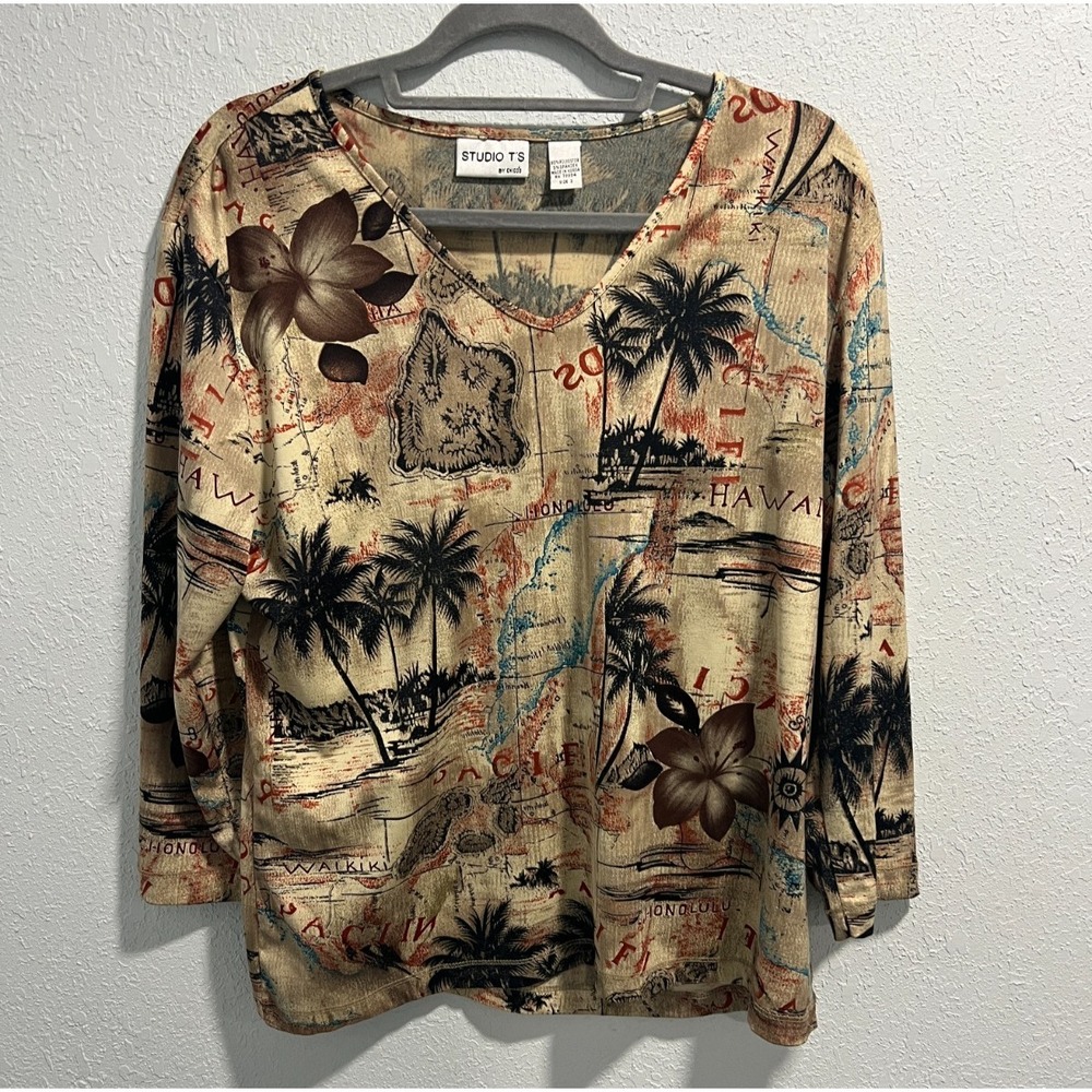 Chico's Studio T's Hawaii‎ Top V Neck Palm Floral Print Stretchy Size 3